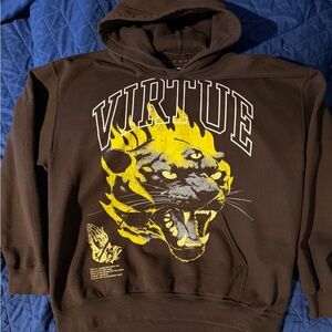PacSun Brown Hoodie with Yellow Panther and Virtue Graphic
